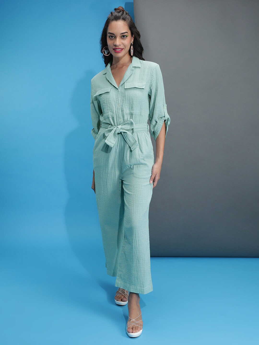 

Freehand by The Indian Garage Co Women Shirt Collar Waist Tie-Ups Basic Pure Cotton Jumpsuit, Sea green