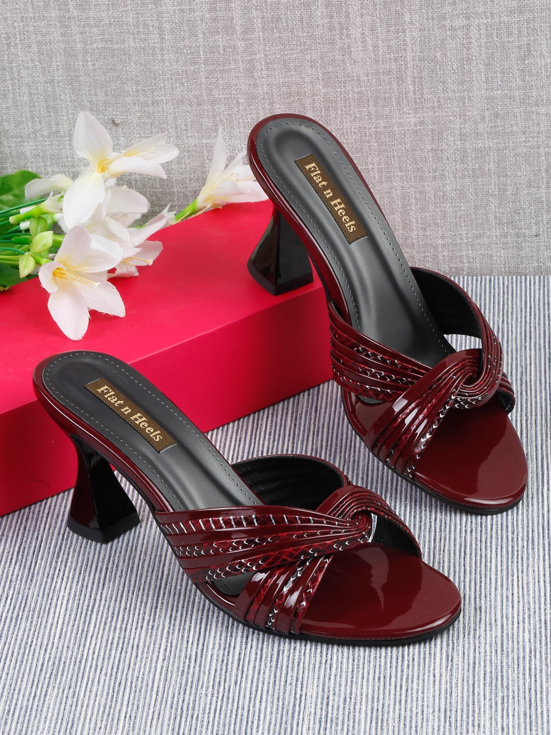 

Flat n Heels Textured Open Toe Block Heels, Maroon