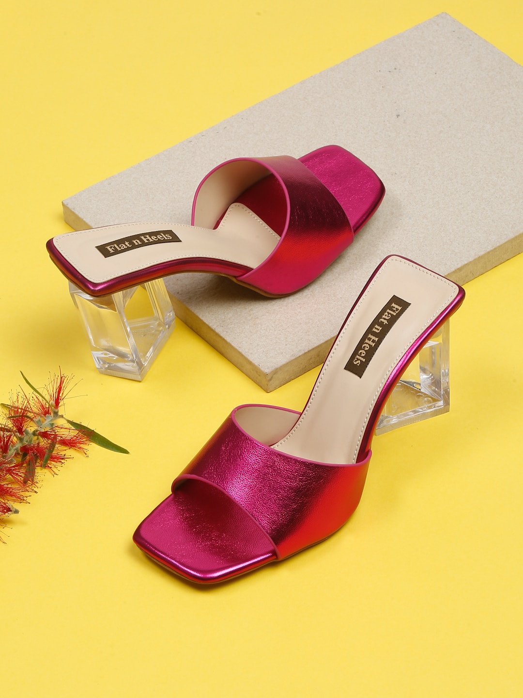 

Flat n Heels Textured Open Toe Block Heels, Fuchsia