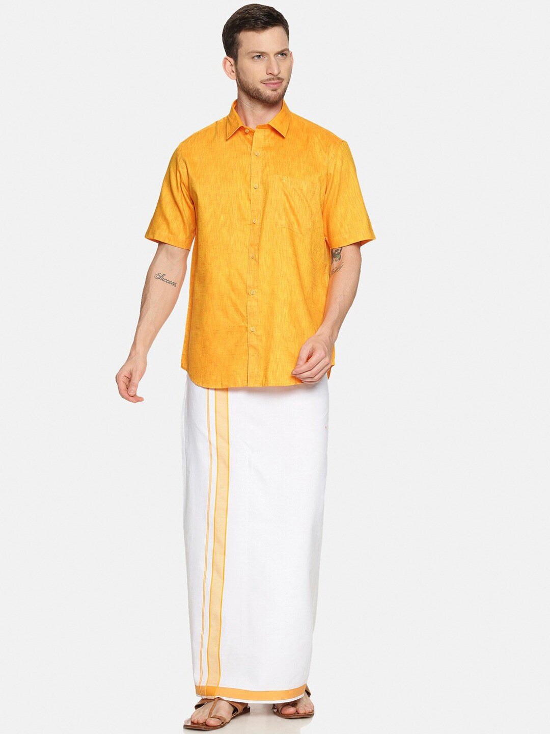 

Ramraj Men Pure Cotton Yellow Half Sleeve Shirt and Dhoti Set