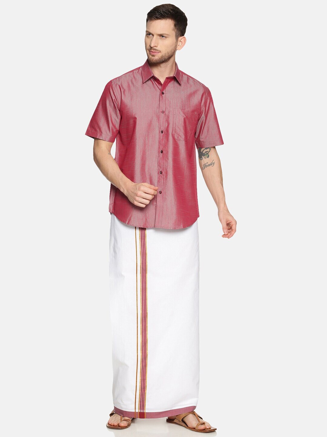 

Ramraj Men Pure Cotton Yellow Half Sleeve Shirt and Dhoti Set, Purple