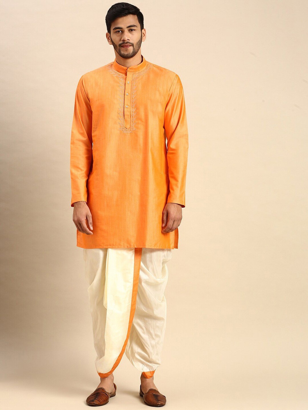 

Ramraj Men Mandarin Collar Pure Cotton Kurta & Panchakacham Dhoti Set, Orange