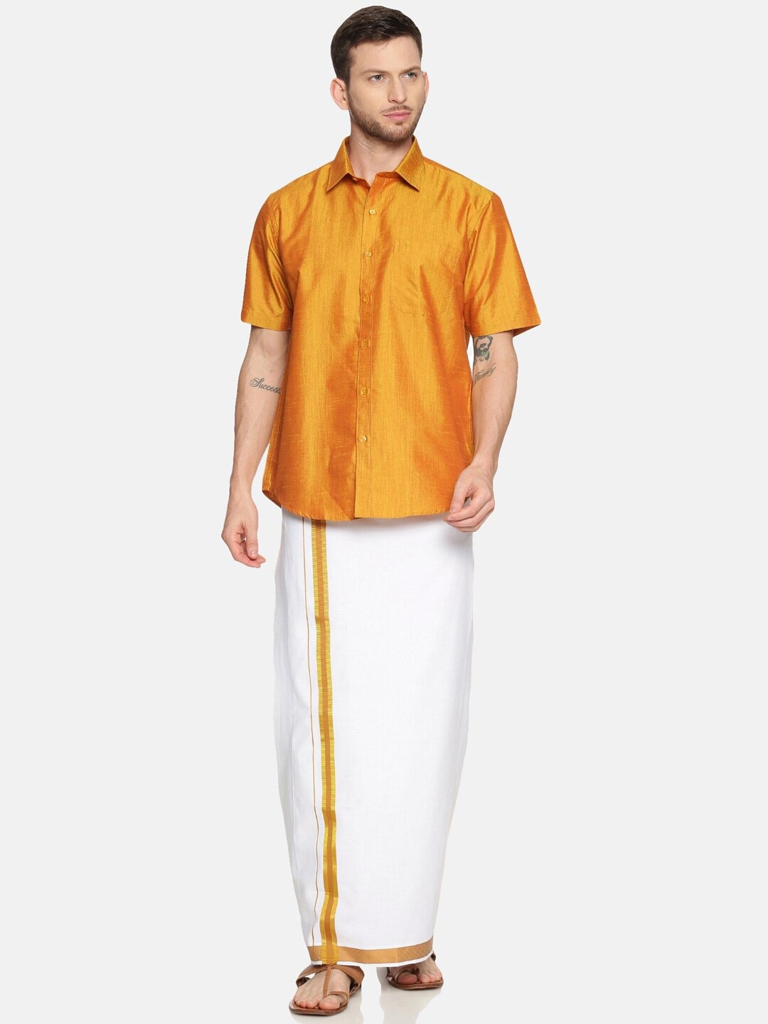 

Ramraj Men Pure Cotton Yellow Half Sleeve Shirt and Dhoti Set, Gold