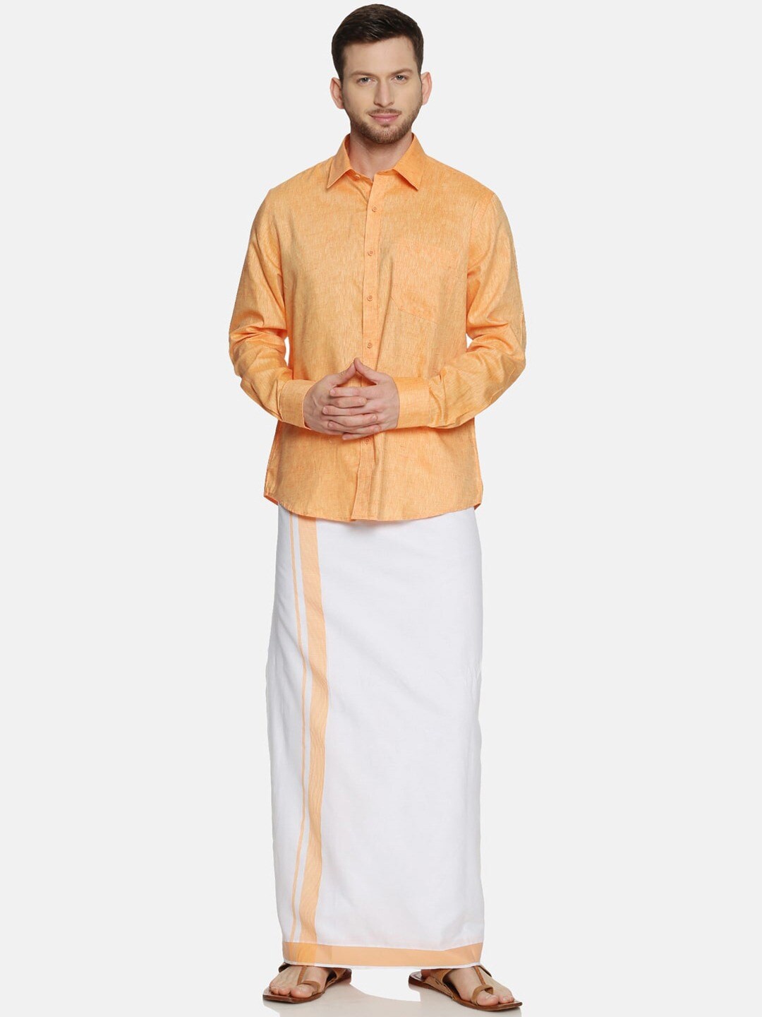 

Ramraj Men Pure Cotton Yellow Full Sleeve Shirt and Dhoti Set, Orange