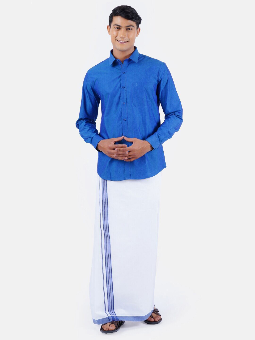 

Ramraj Spread Collar Pure Cotton Shirt With Veshti, Blue