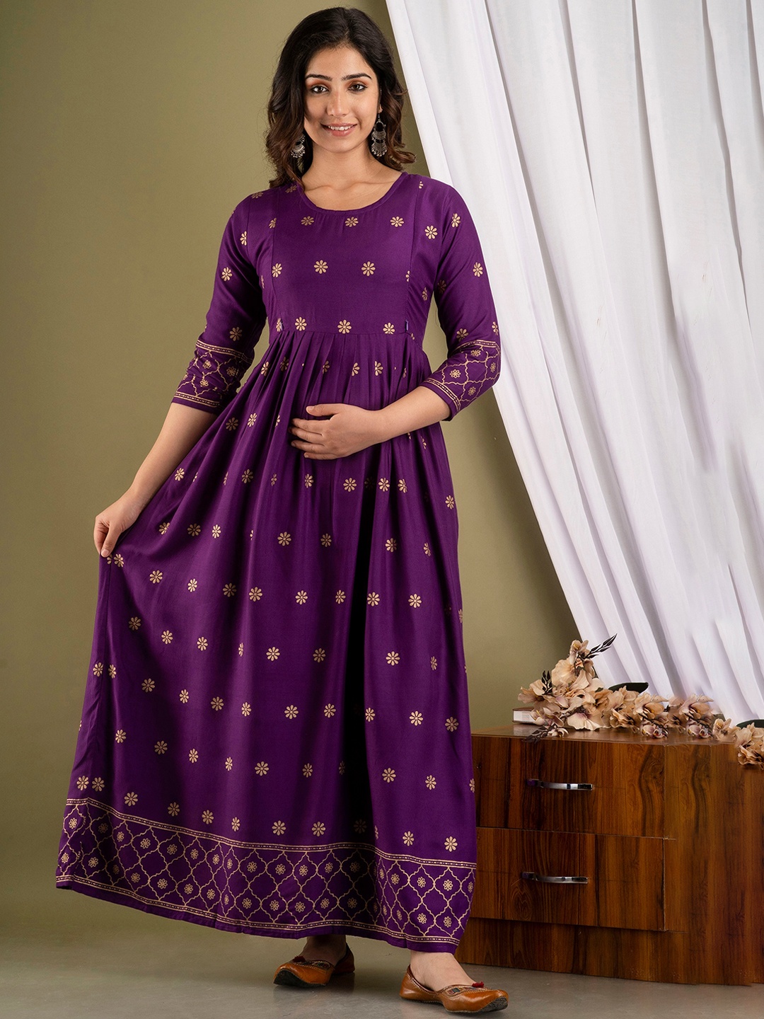 

Mialo fashion Floral Printed Cotton Maternity Ethnic Dress, Purple