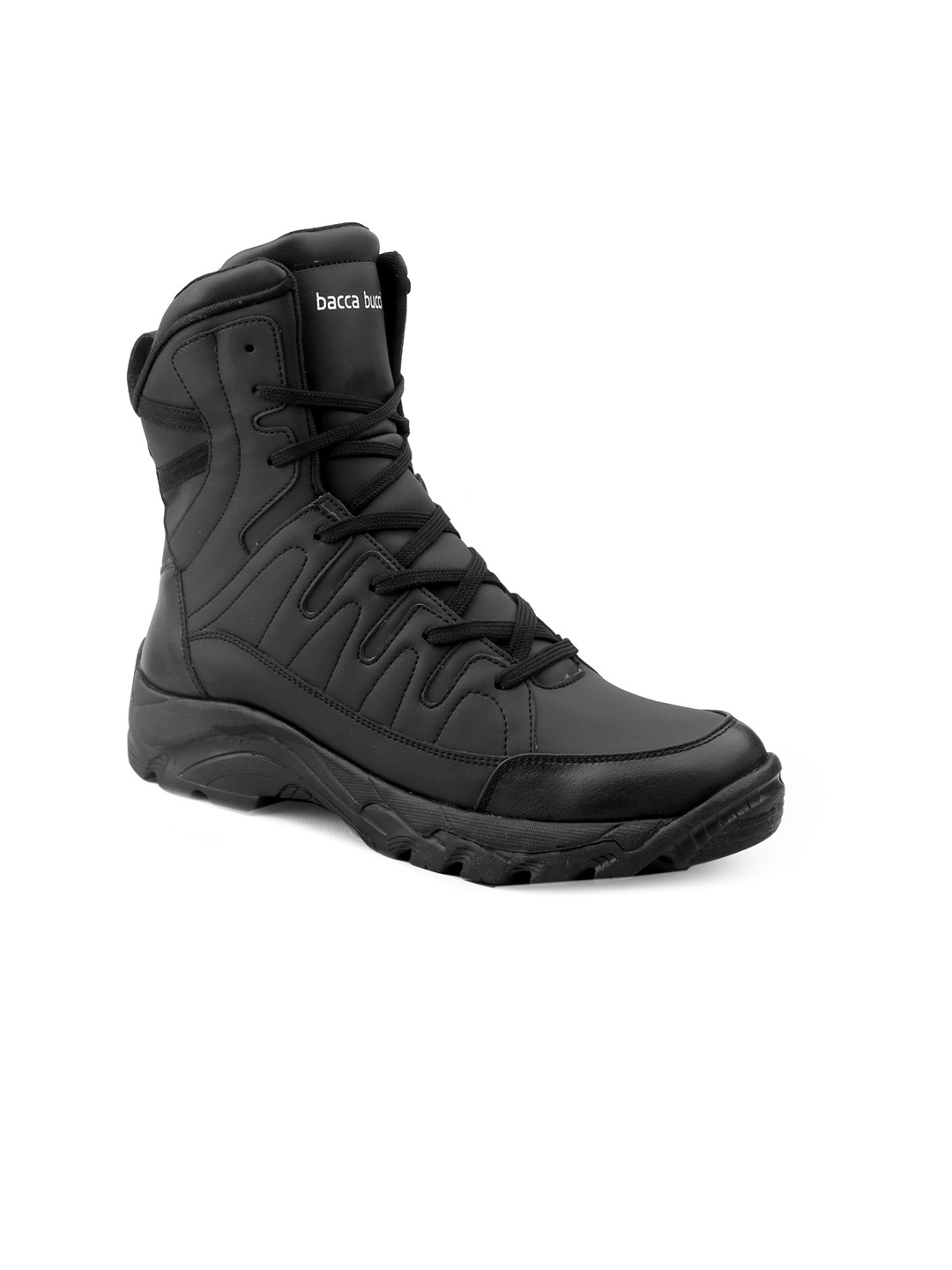 

bacca bucci Men Textured Mid Top Flatform-Heel Hiking Boots, Black