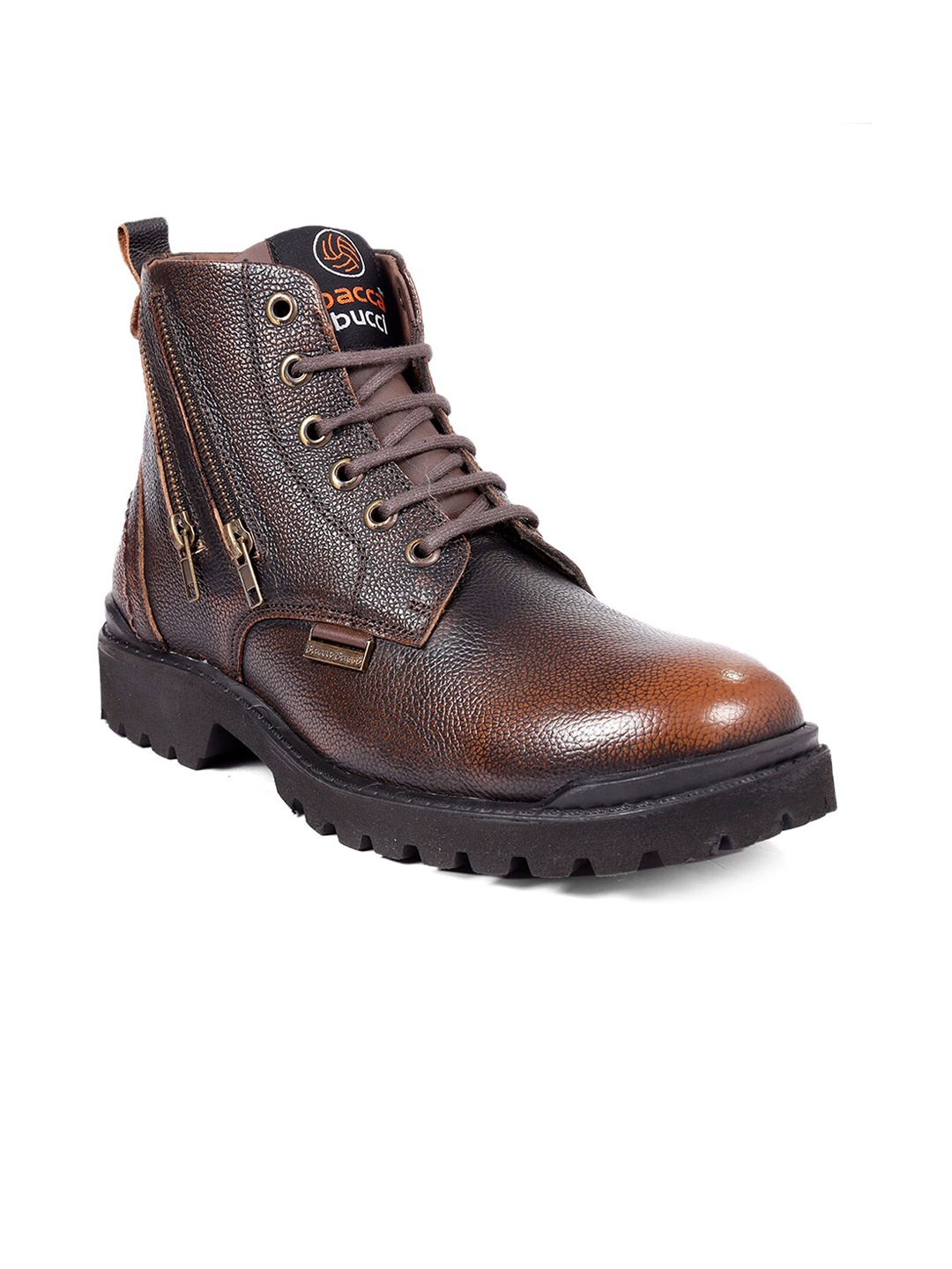

bacca bucci Men Textured Platform-Heeled Leather Hiking Boots, Brown
