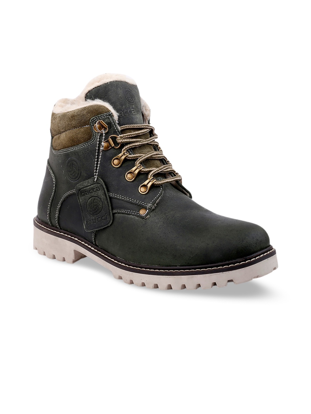 

bacca bucci Men Textured Mid Top Fur Flatform-Heel Leather Hiking Boots, Olive