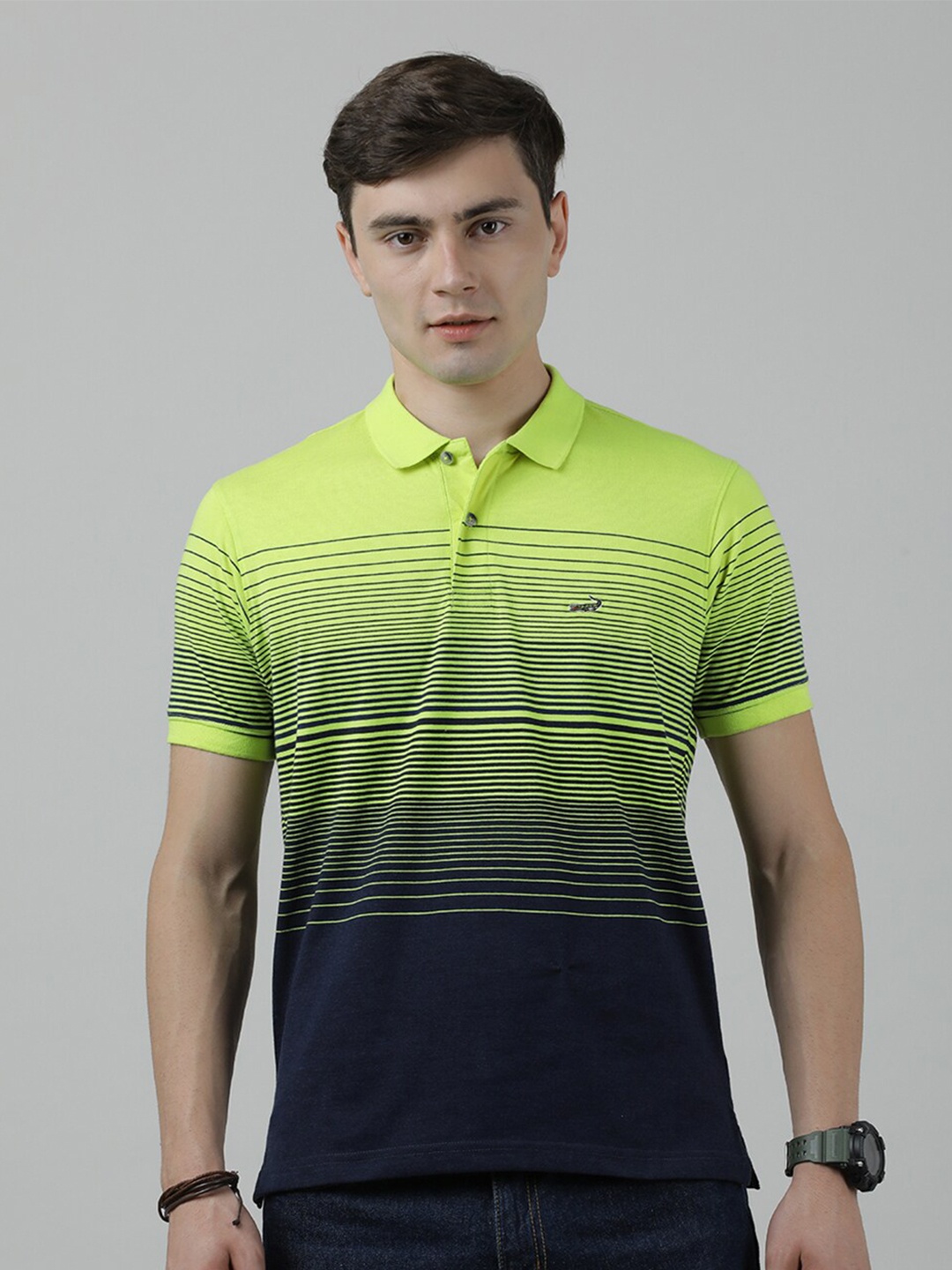 

Crocodile Striped Polo Collar Slim Fit Cotton T-shirt, Fluorescent green