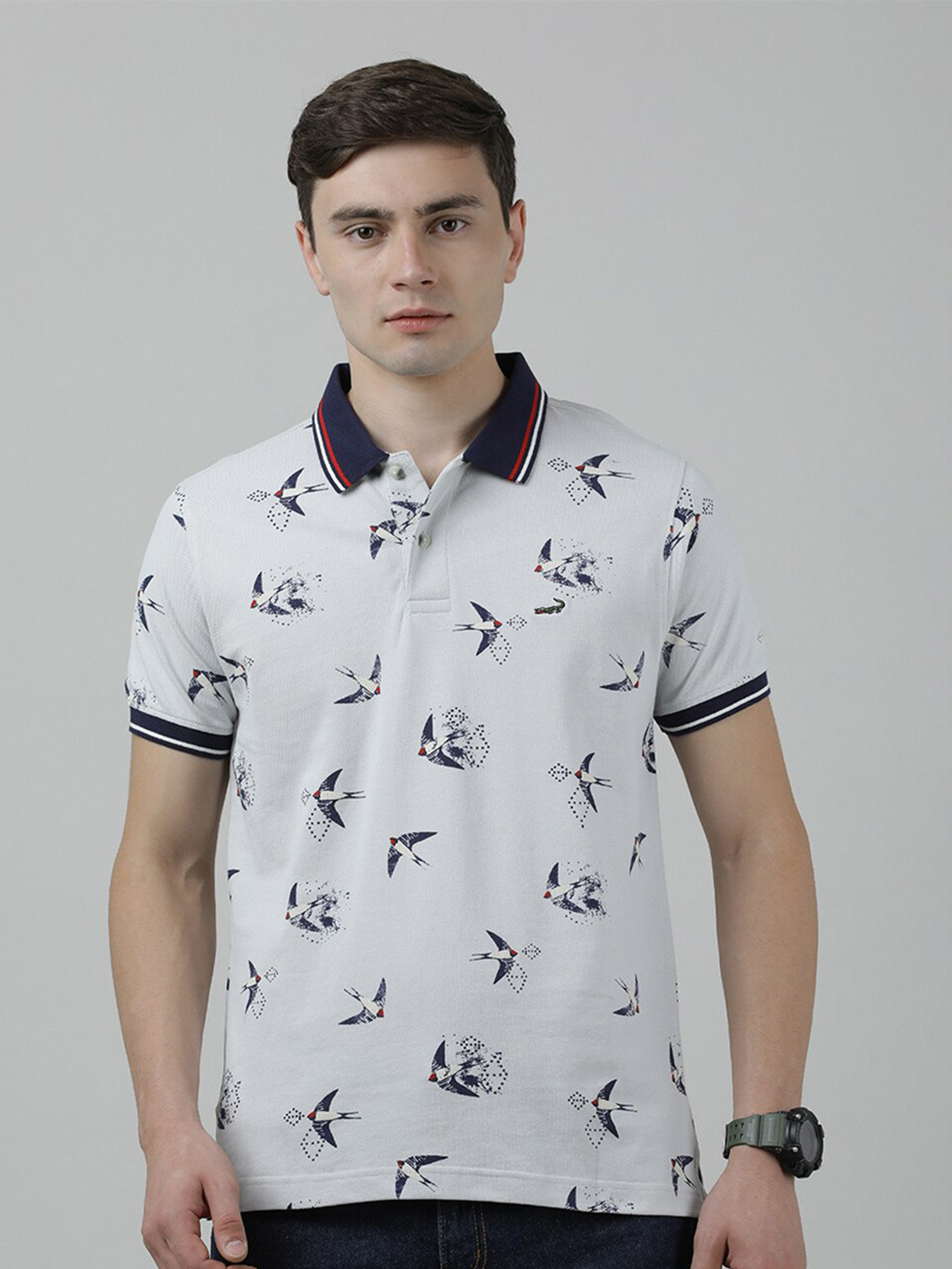 

Crocodile Polo Collar Conversational Printed Slim Fit Cotton T-shirt, Grey