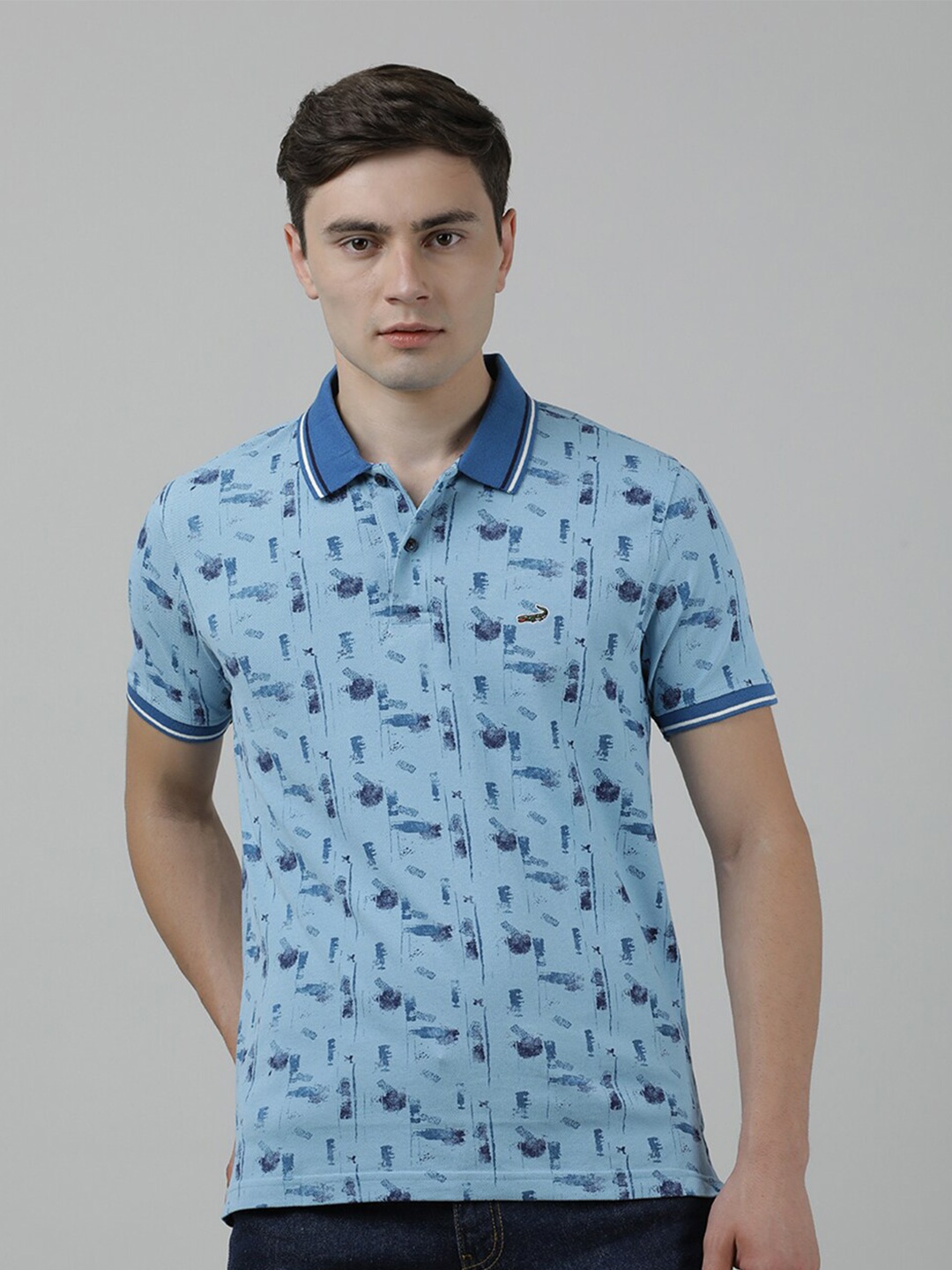 

Crocodile Abstract Printed Polo Collar Pockets Slim Fit Cotton T-shirt, Blue