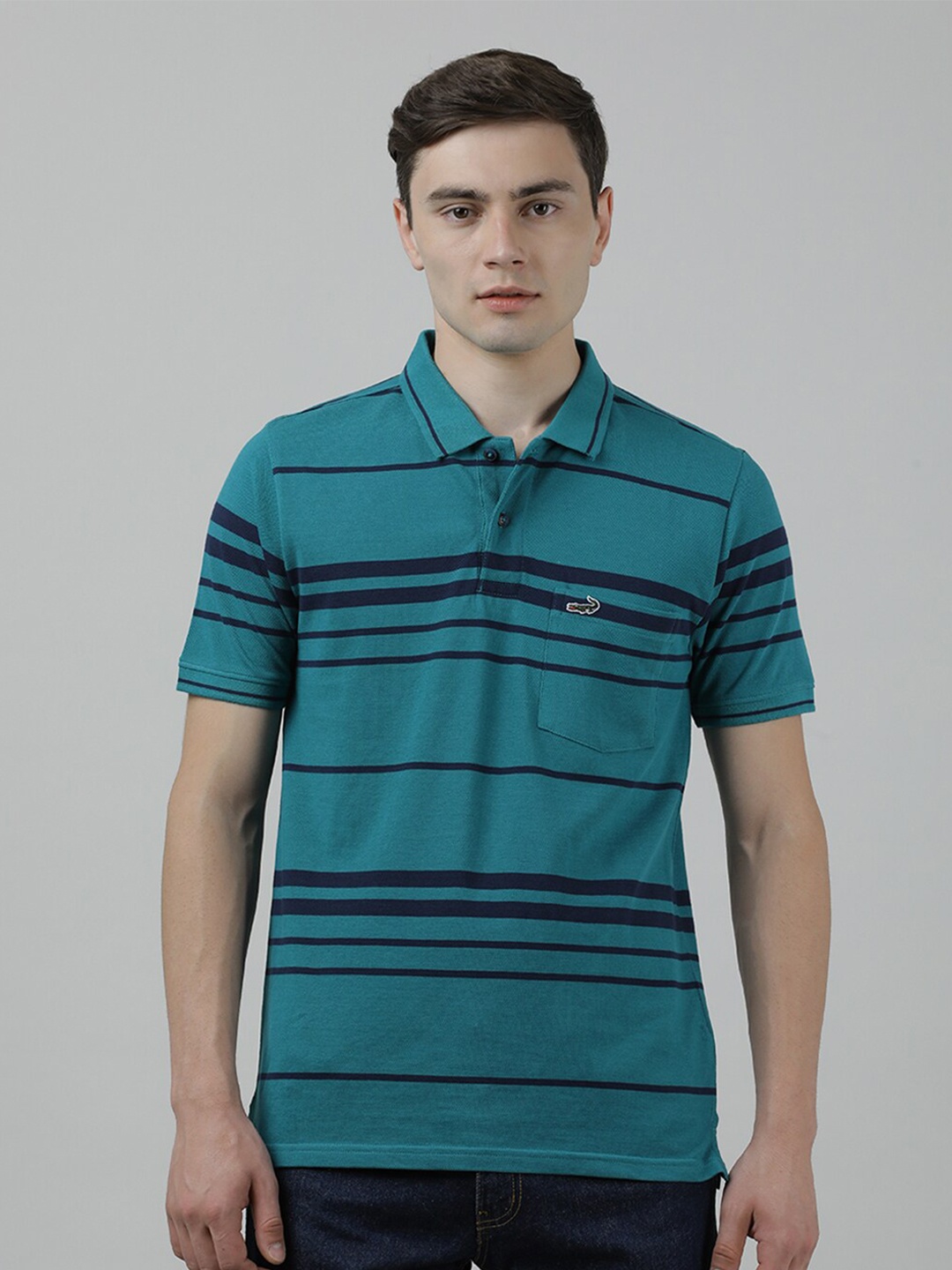 

Crocodile Polo Collar Striped Slim Fit Cotton T-shirt, Teal