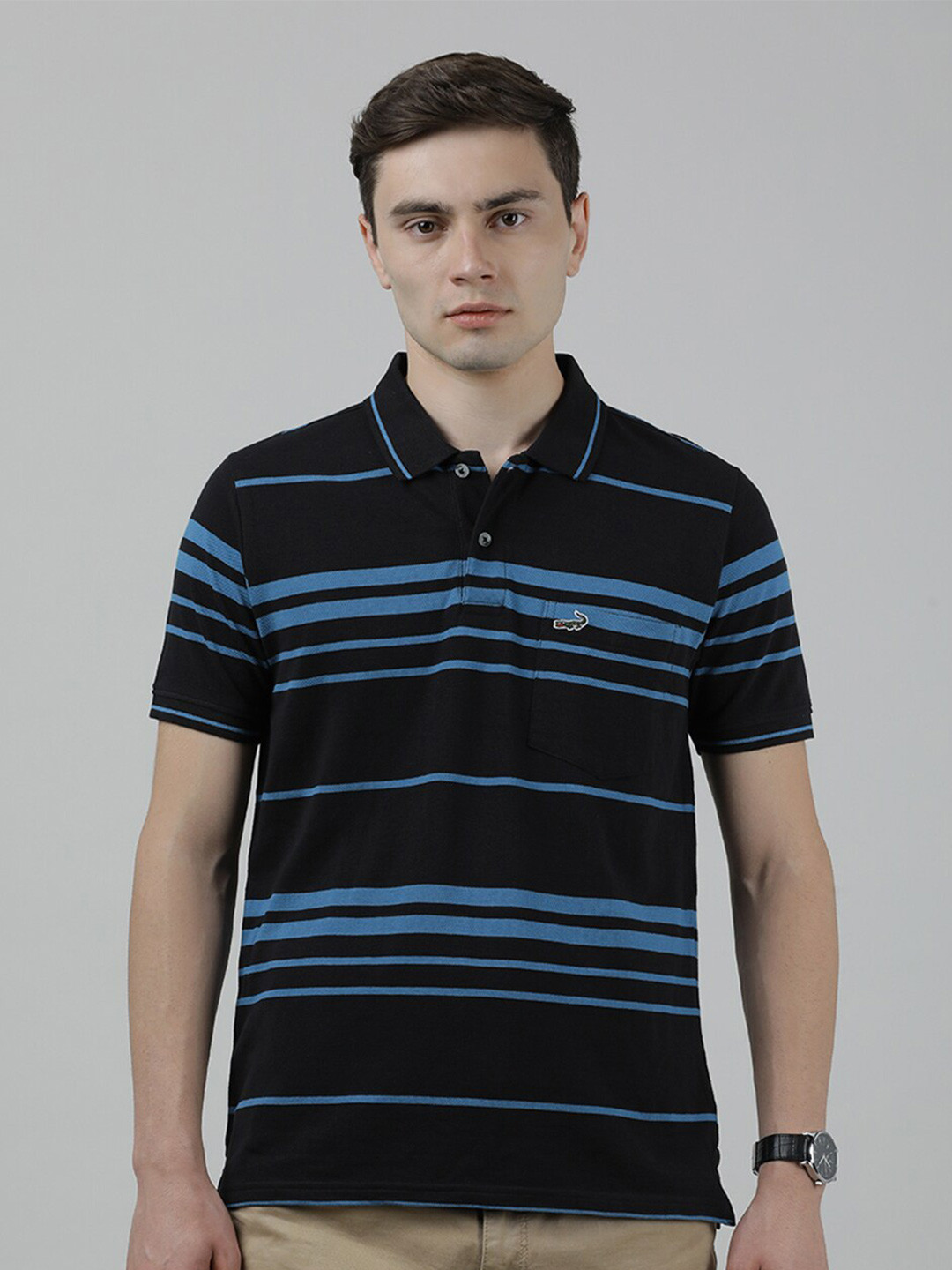 

Crocodile Polo Collar Striped Slim Fit Cotton T-shirt, Black