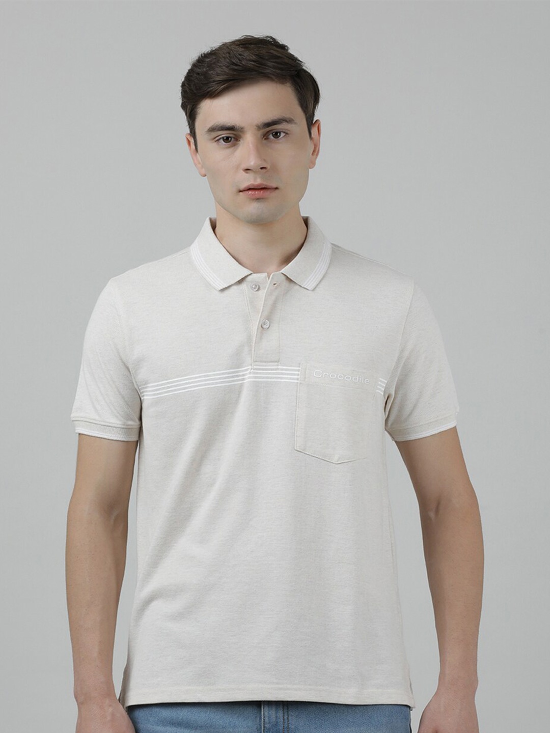 

Crocodile Polo Collar Pockets Slim Fit Cotton T-shirt, Beige