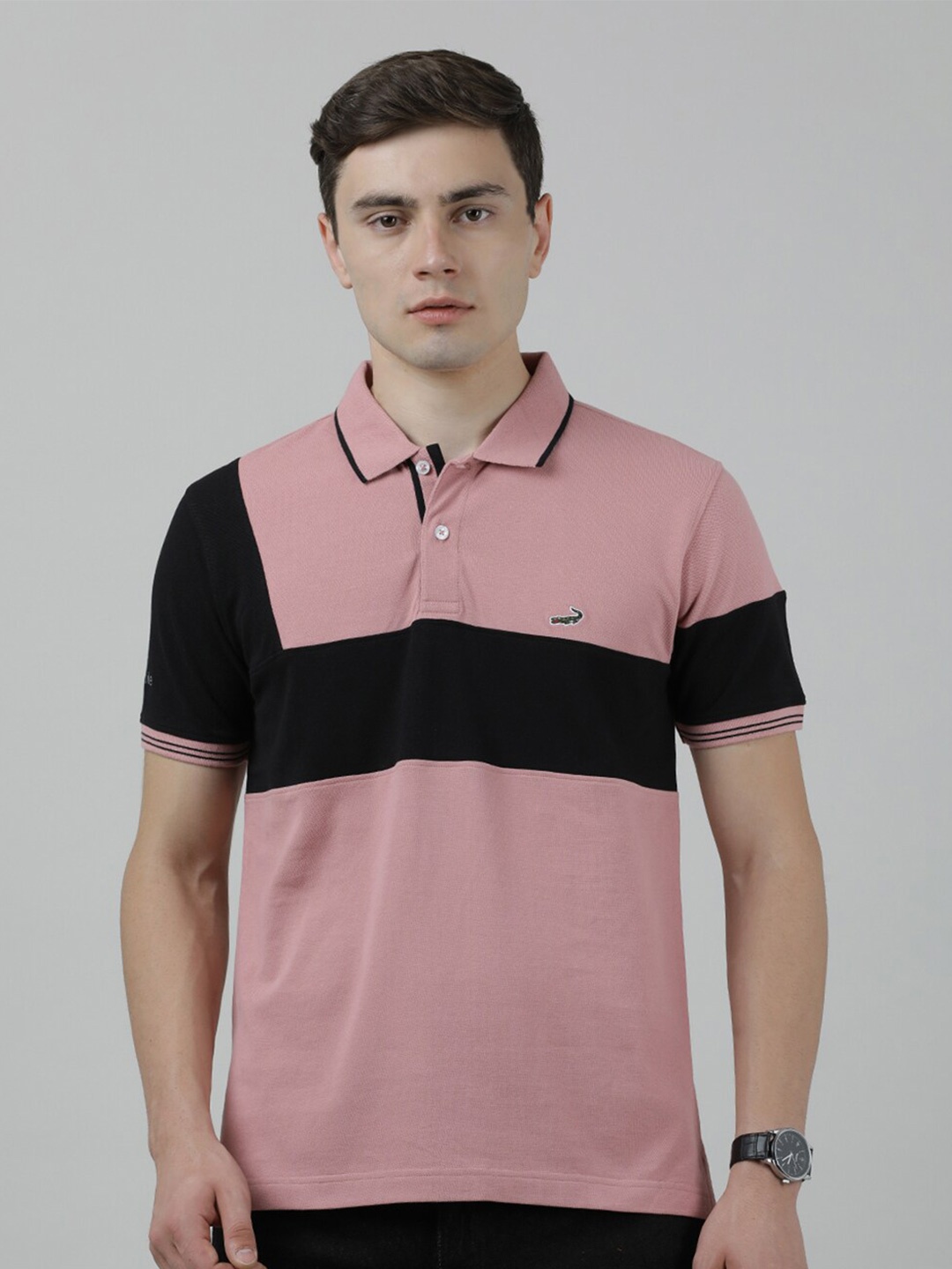 

Crocodile Colourblocked Polo Collar Slim Fit Cotton T-shirt, Pink