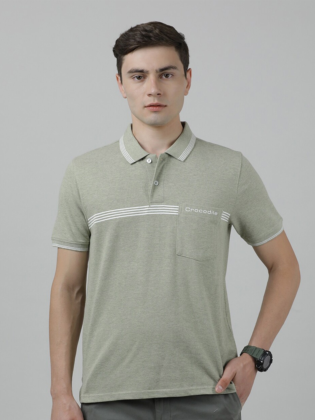 

Crocodile Colourblocked Polo Collar Slim Fit Cotton T-shirt, Olive