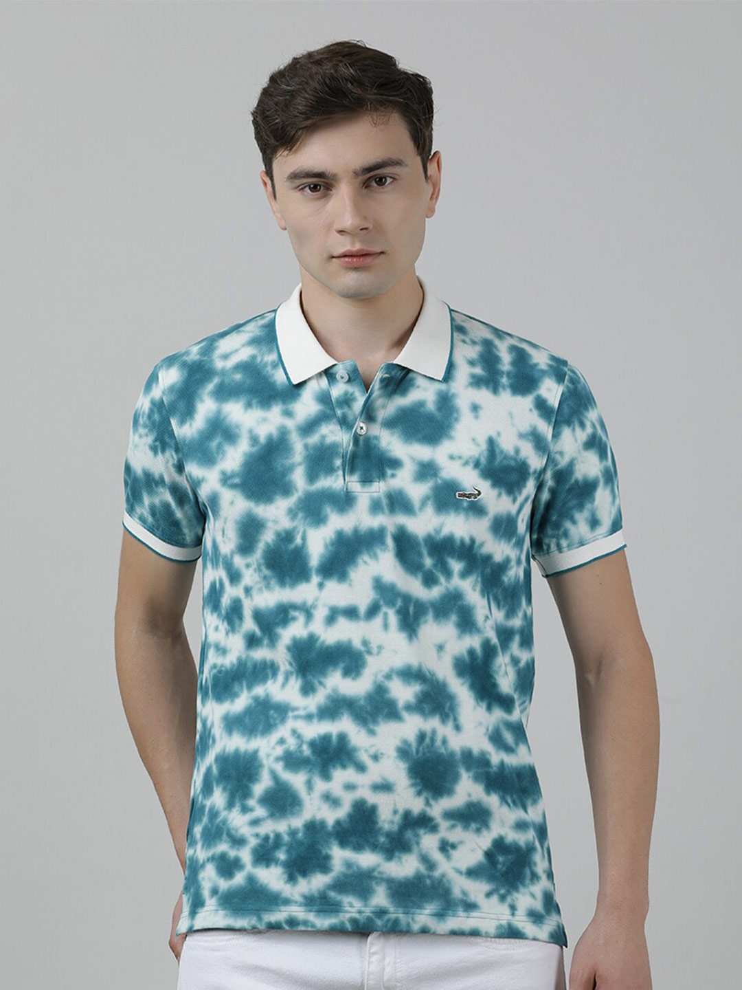 

Crocodile Abstract Printed Polo Collar Slim Fit Cotton T-shirt, Teal