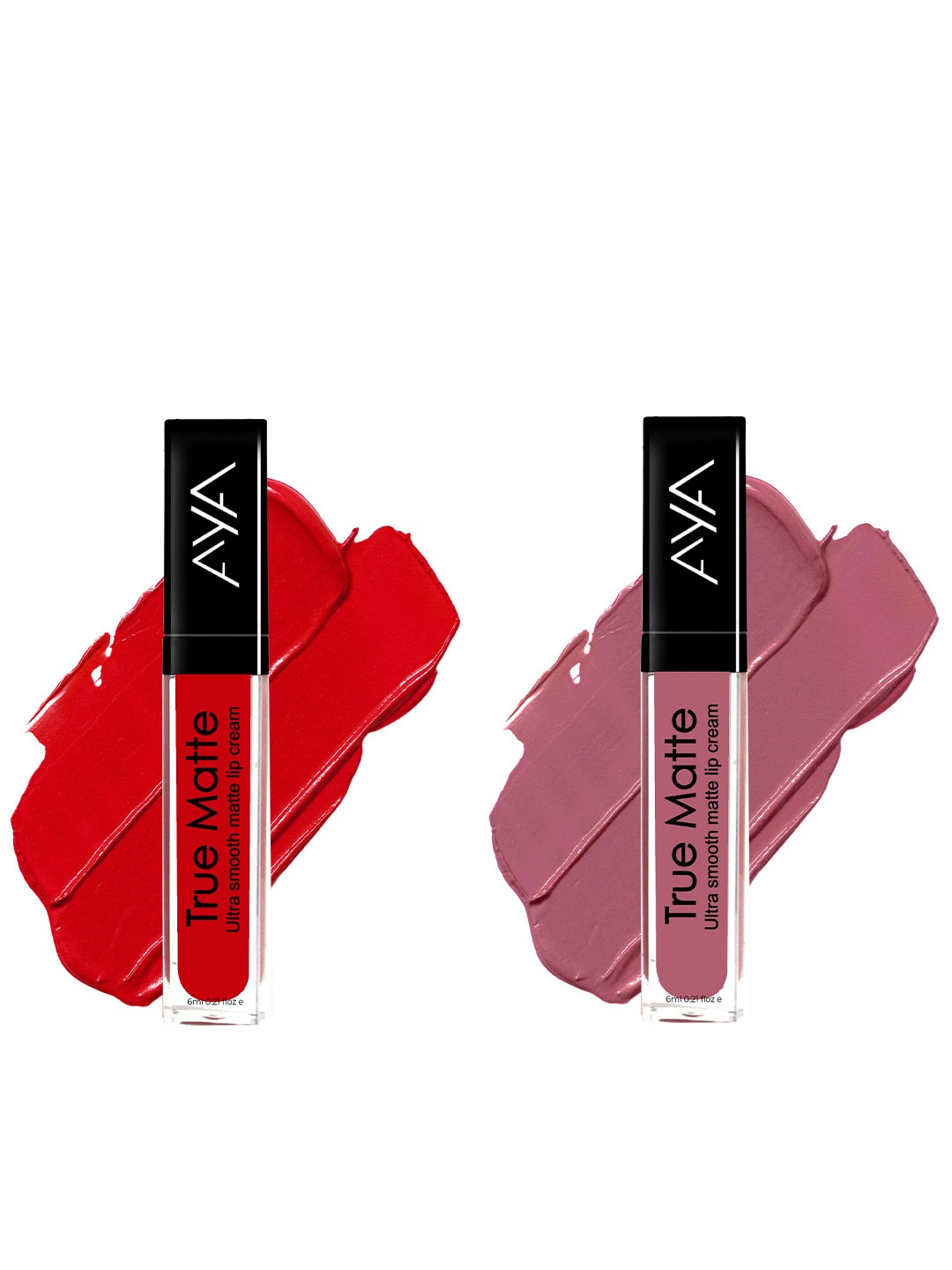 

AYA True Matte Set of 2 Matte Liquid Lipsticks - 6ml Each Pink Nude 06 & Blood Red 02