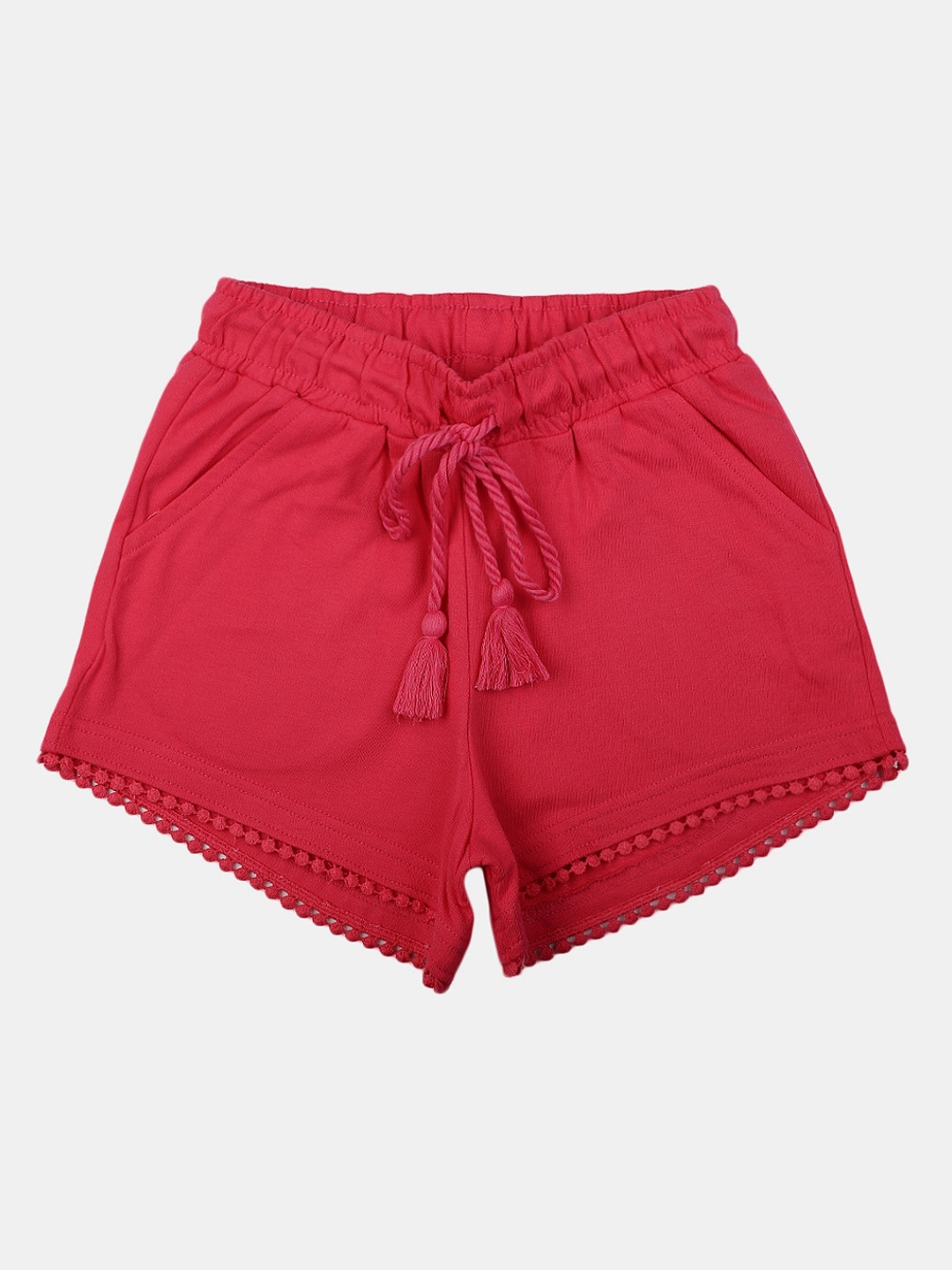 

V-Mart Girls Lace Work Cotton Shorts, Red