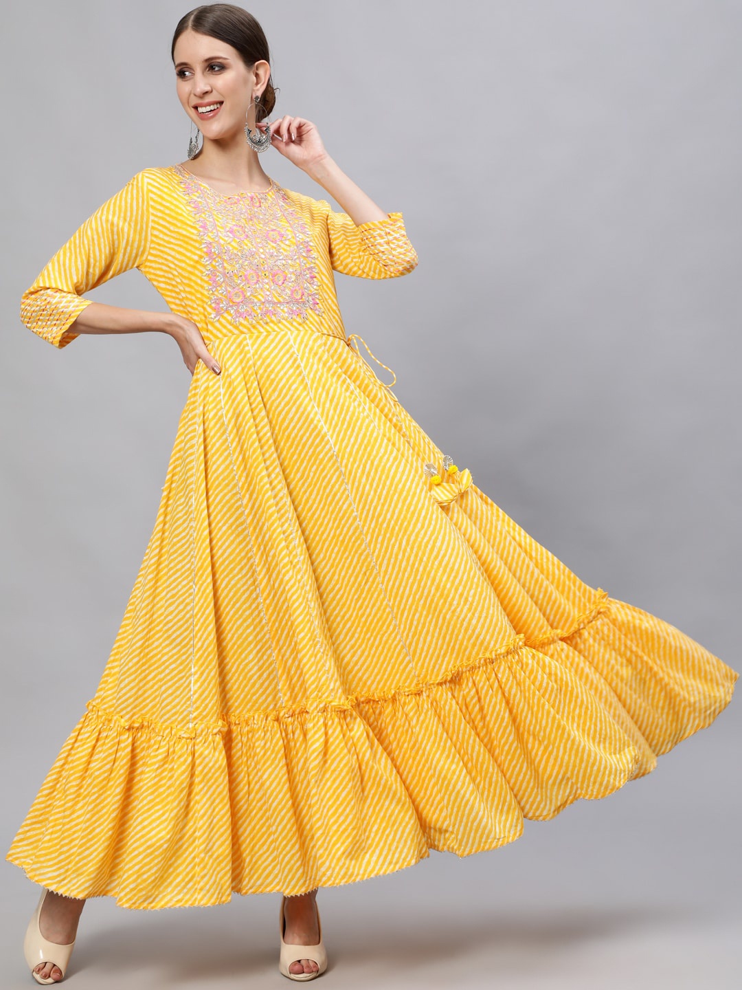

Ishin Leheriya Printed Embroidered Cotton Maxi Ethnic Dress, Yellow