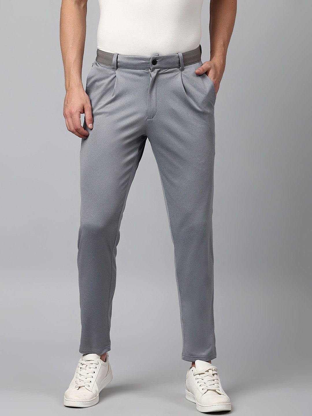 

Slowave Men Mid-Rise Plain Pleated Formal Trousers, Grey