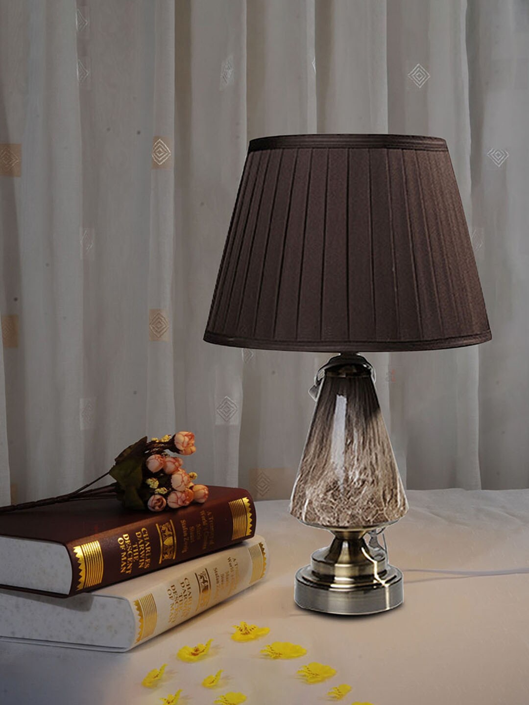 

Art Street Brown Antique Marble Design Glass Table Lamp With Pleated Shade