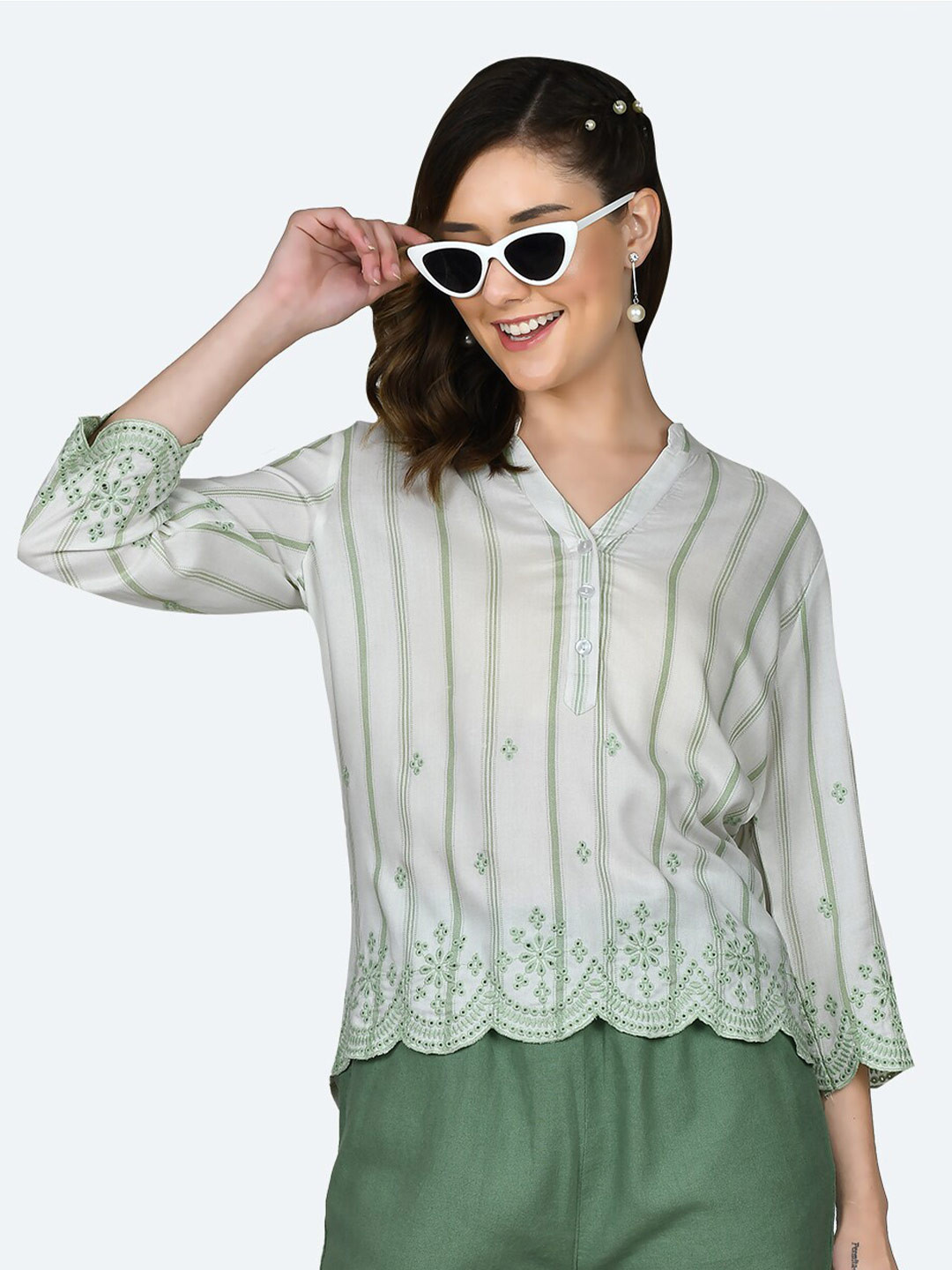 

Zink London Striped Mandarin Collar Schiffli Top, Off white