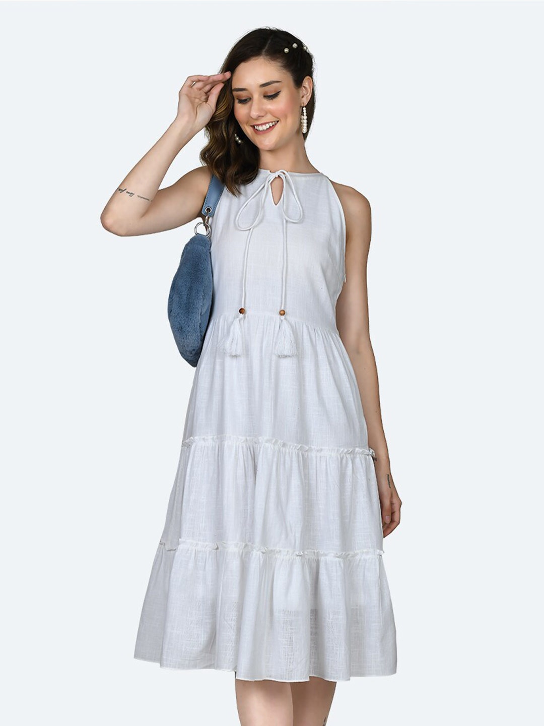 

Zink London Tie-Up Neck Tiered Pure Cotton A-Line Midi Dress, White