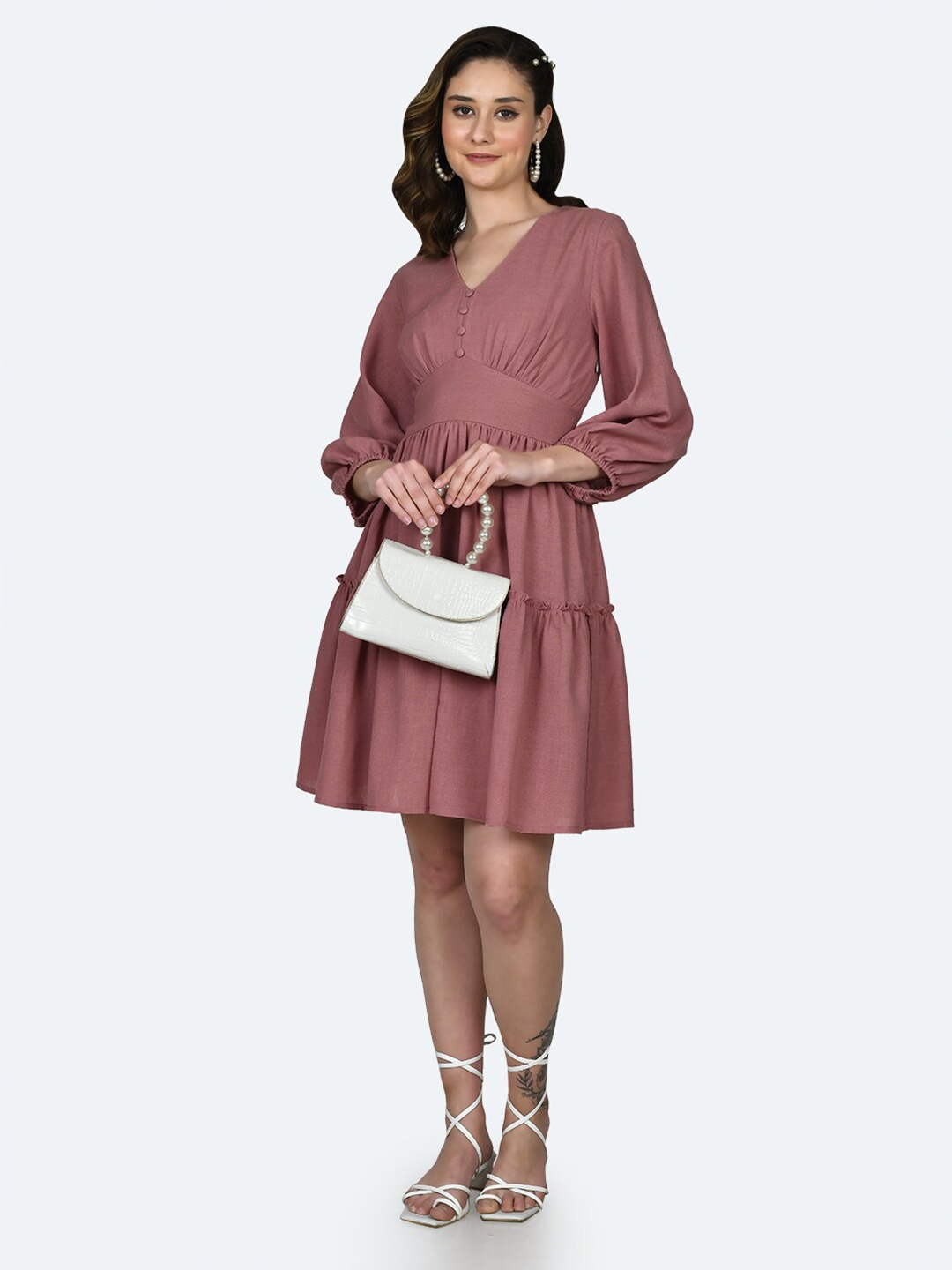 

Zink London Puff Sleeve Tiered Fit & Flare Dress, Pink