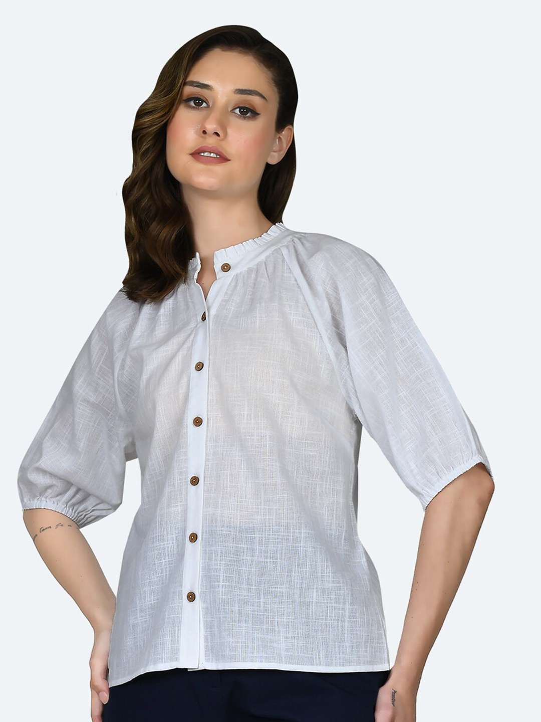 

Zink London Mandarin Collar Pure Cotton Shirt Style Top, White