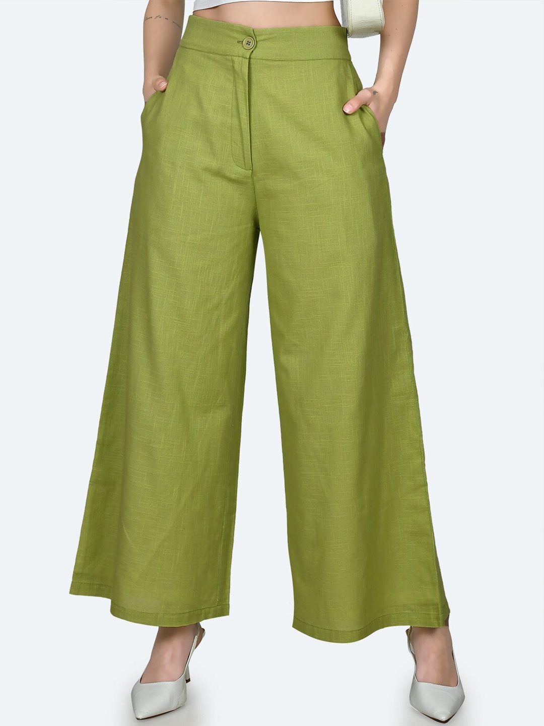 

Zink London Women High-Rise Pure Cotton Parallel Trousers, Green