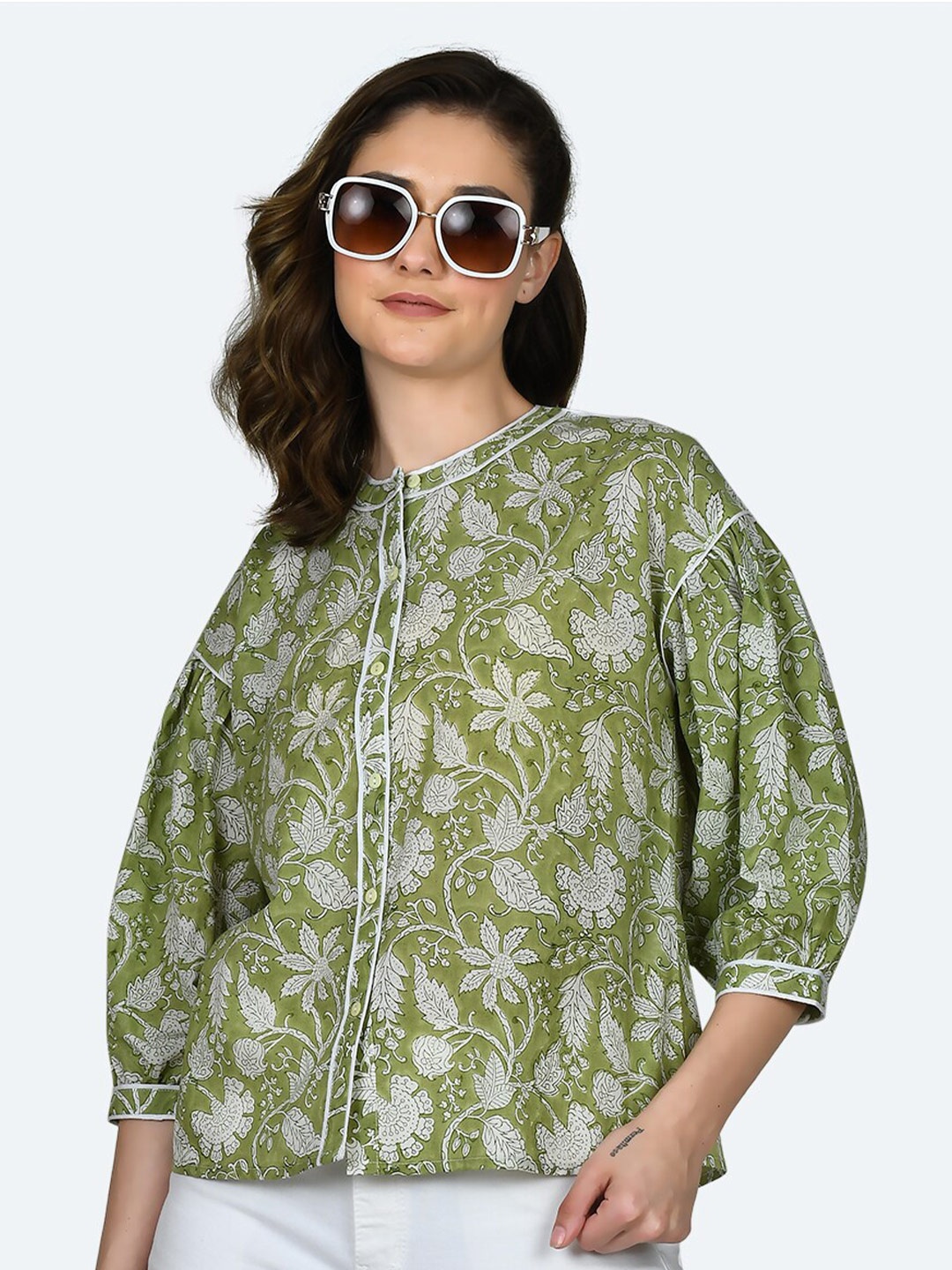 

Zink London Ethnic Motifs Printed Mandarin Collar Pure Cotton Shirt Style Top, Green