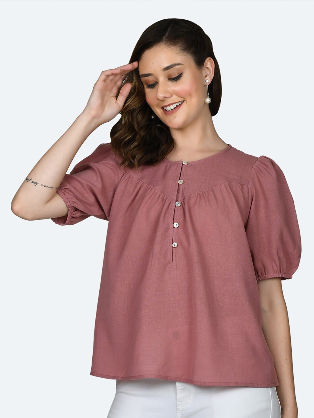 

Zink London Puff Sleeve Gathered Details Round Neck A-Line Top, Pink