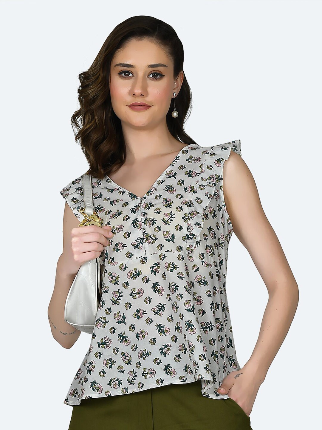 

Zink London Floral Printed V-Neck Sleeveless Pure Cotton Peplum Top, Grey