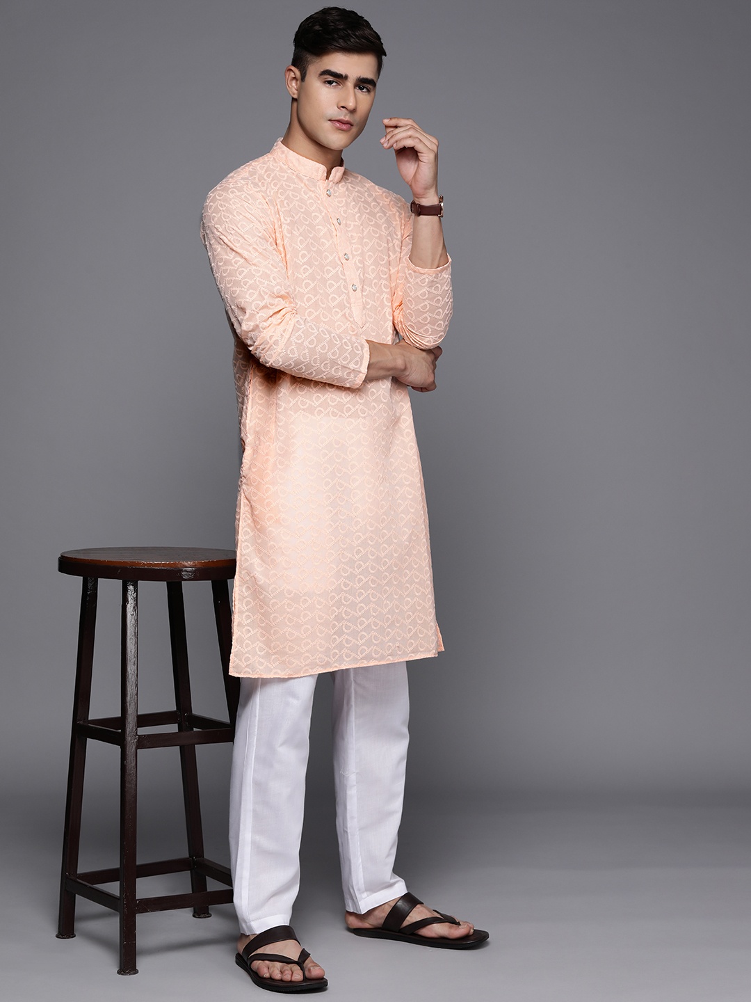 

Inddus Men Ethnic Motifs Embroidered Regular Chikankari Kurta With Trousers, Peach