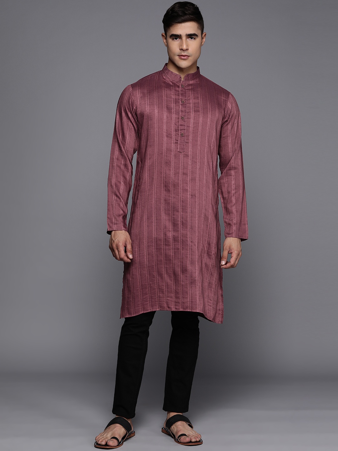 

Inddus Men Striped Jacquard Silk Kurta, Mauve
