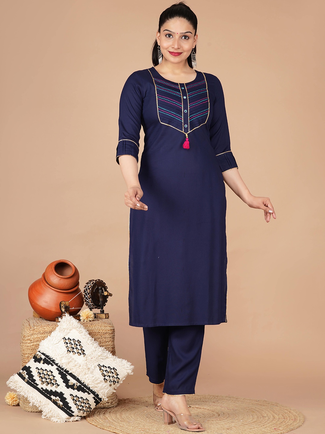 

KALINI Yoke Design Thread Work Kurta with Trousers, Navy blue