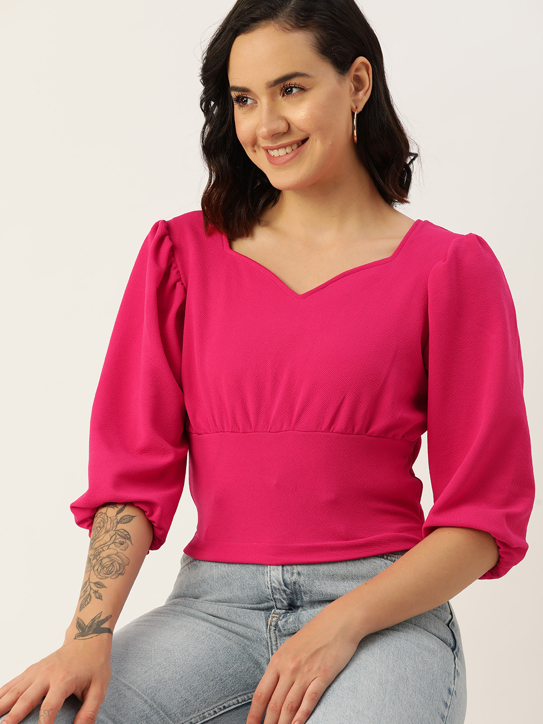 

DressBerry Sweetheart Neck Puff Sleeve Top, Pink