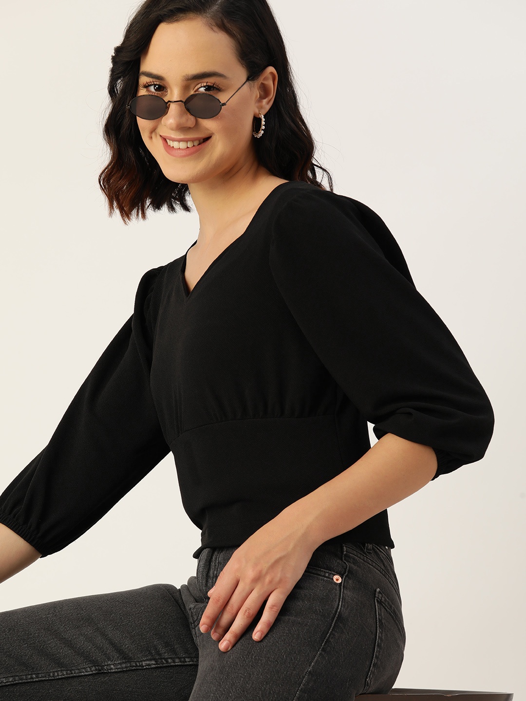 

DressBerry Sweetheart Neck Puff Sleeve Top, Black