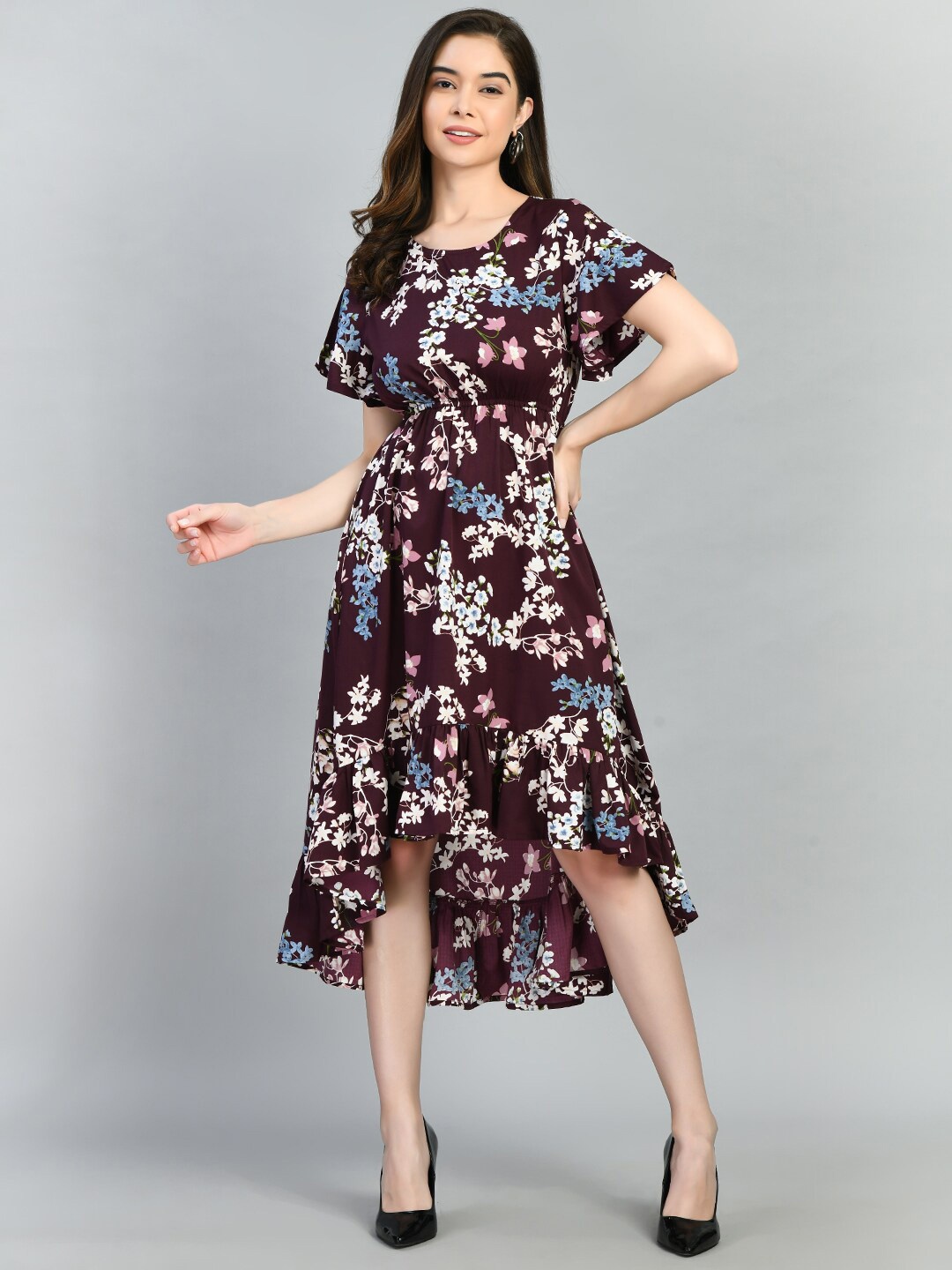 

PRETTY LOVING THING Floral Printed A-Line Midi Dress, Burgundy