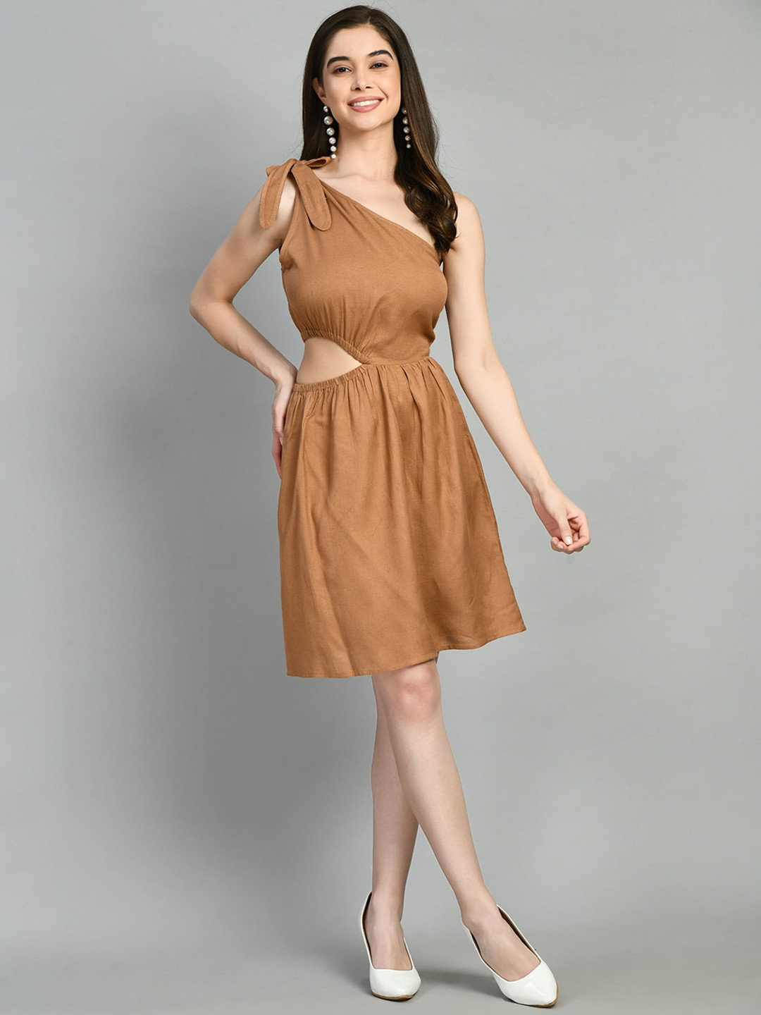 

PRETTY LOVING THING One Shoulder Cut Out A-Line Dress, Brown