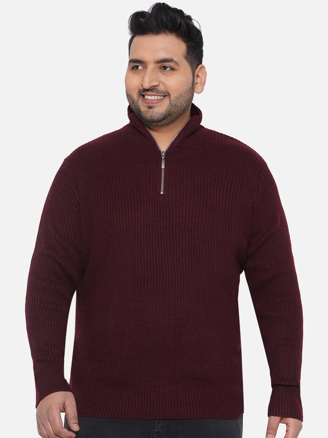 

Santonio Plus Size Striped Mock Collar Pure Cotton Pullover, Maroon