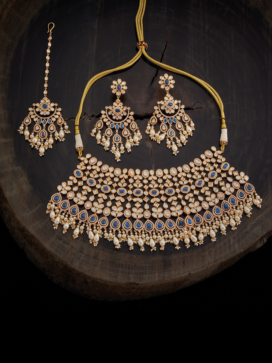 

Kushal's Fashion Jewellery Kundan Necklace With Earrings & Maang Tika, Gold