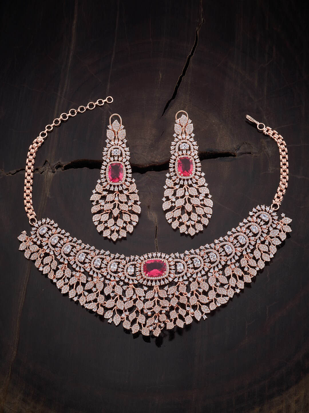 

Kushal's Fashion Jewellery Rose-Gold Plated CZ-Studded Necklace With Earrings