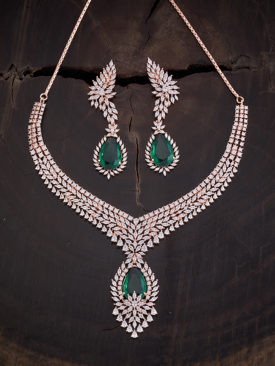 

Kushal's Fashion Jewellery Rose-Gold Plated CZ Necklace With Earrings, Green
