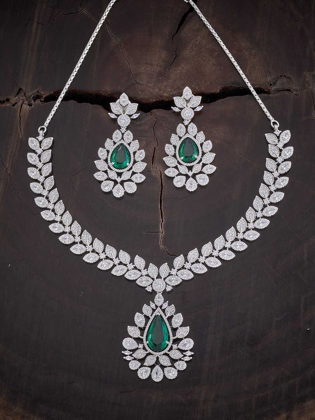 

Kushal's Fashion Jewellery Rhodium-Plated CZ Necklace With Earrings, Silver