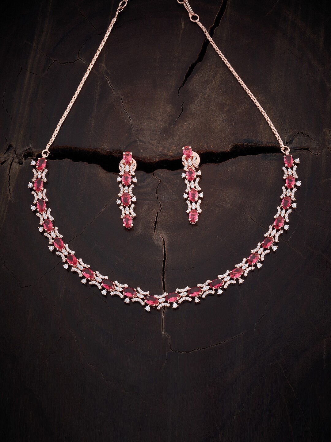 

Kushal's Fashion Jewellery Rose Gold Plated CZ Necklace With Earrings, Red