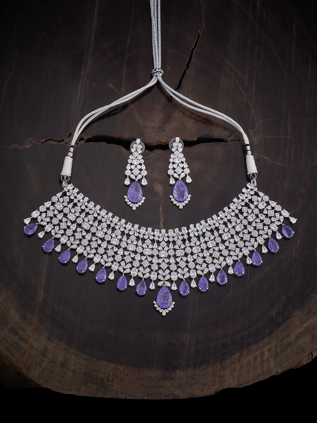 

Kushal's Fashion Jewellery Rhodium Plated CZ Necklace With Earrings, Lavender