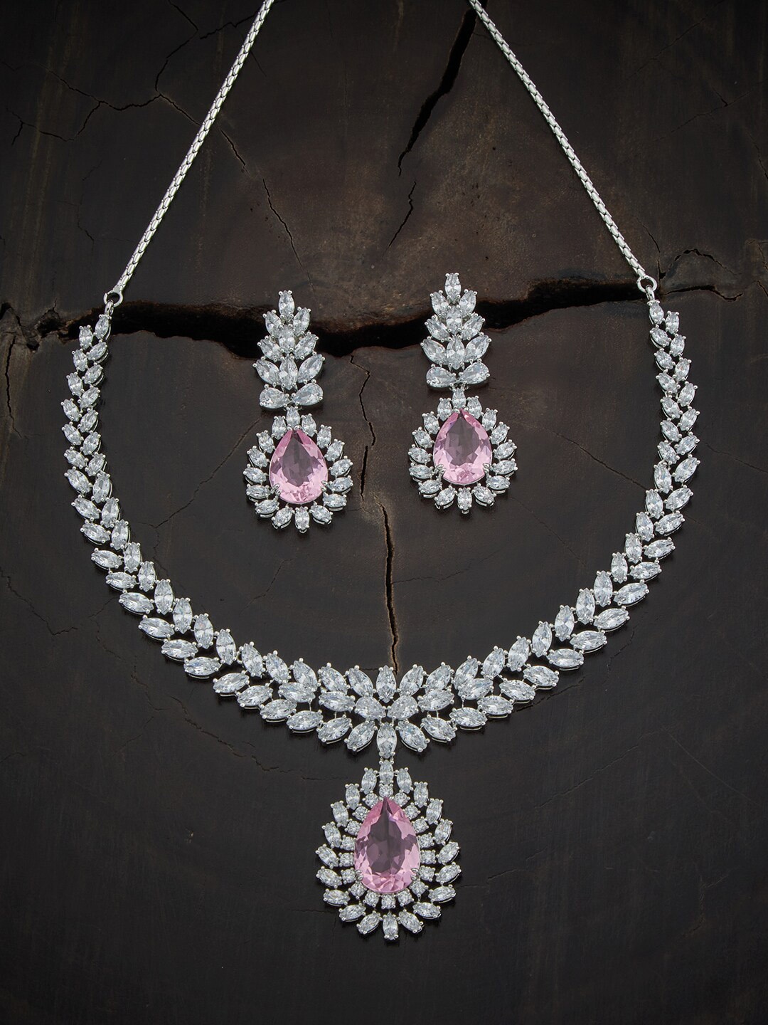 

Kushal's Fashion Jewellery Rhodium-Plated Sparkling CZ Necklace Set, Silver